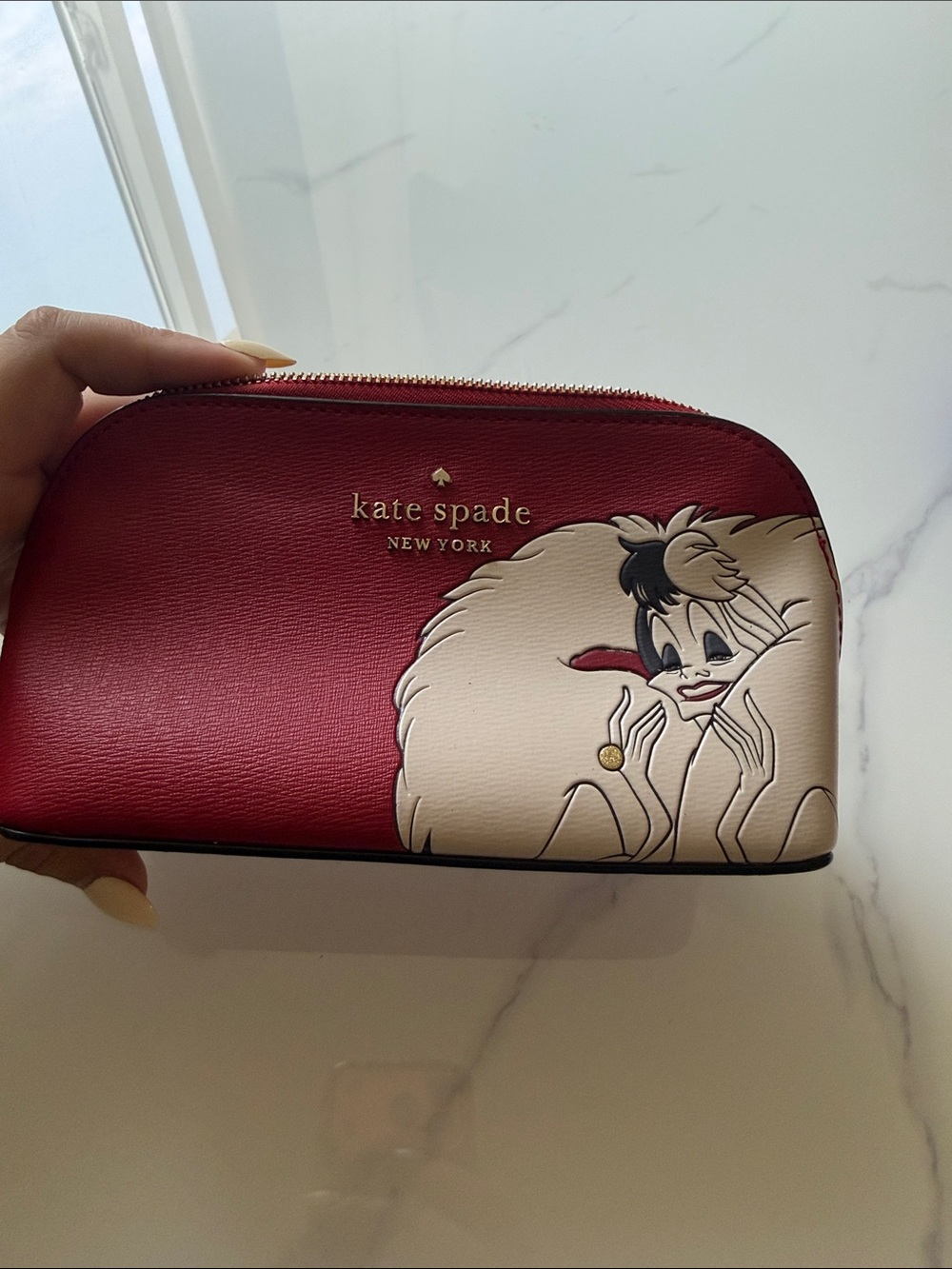 kate spade Red and Cream Cruella Cosmetic Pouch with Gold Logo